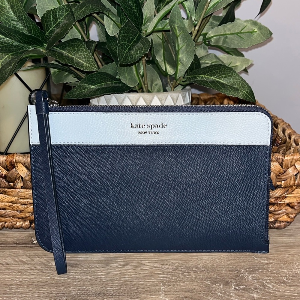 Kate Spade Large Blue Saffiano Leather wristlet with card slot&extra pocket.NWOT